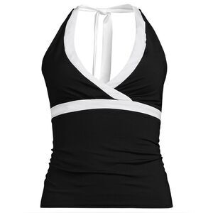 Land's End plus standard Tankini top V neck halter adjust black white trim Var